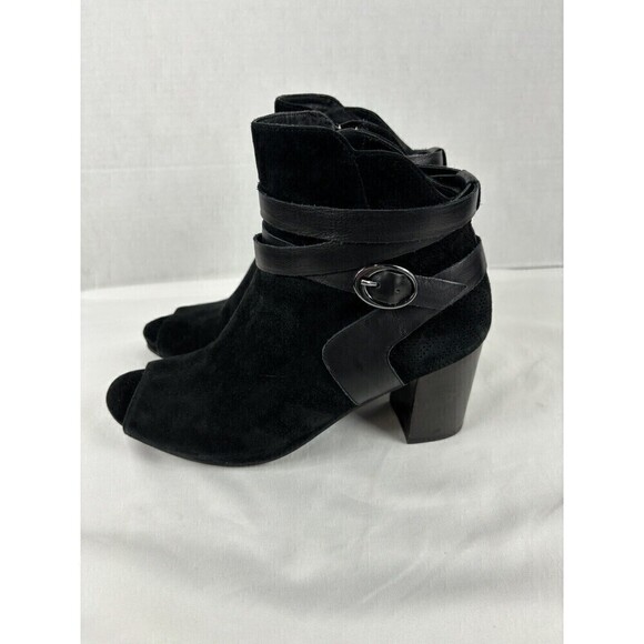 Earthies Santo Peeptoe Booties Boots Black Suede 8.5 B Ankle Zip Arch Support - Picture 1 of 12